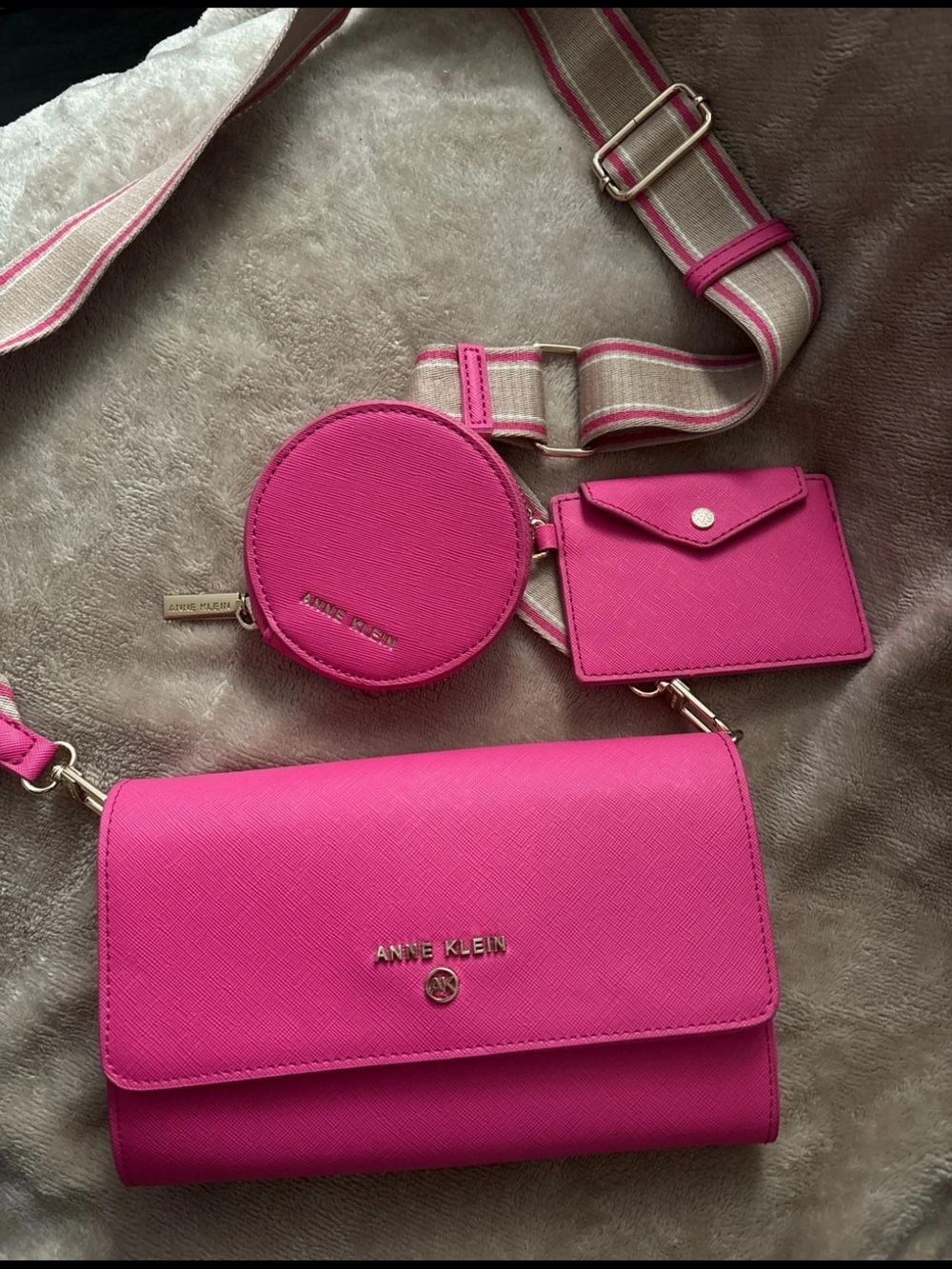 Anne Klein Bright Pink Crossbody Bag Set with Coin Pouch & Card Holder